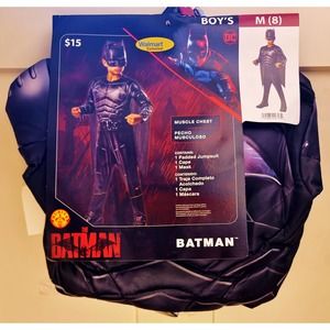 The Batman Costume Boys M (8) 3pc Muscle Chest Rubies Halloween Dress-Up NEW